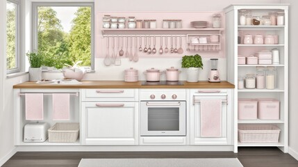Pastel pink kitchen with white cabinets, wooden countertop, and various kitchenware.