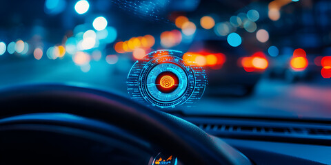 Futuristic heads-up display in a high-tech car, AI-powered digital dashboard for autonomous driving