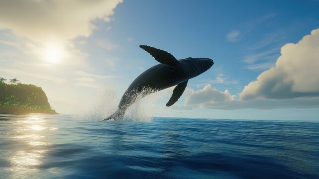 Whale breaching ocean surface at sunset near tropical island.