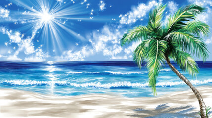 Fototapeta premium Sunny beach with palm tree and ocean waves
