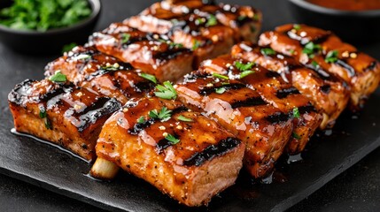 Grilled salmon fillets glazed with sauce, garnished with herbs on a black slate plate.