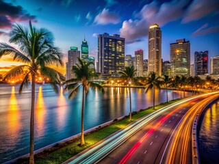 Fototapeta premium Miami Nightscape: Long Exposure City Lights & Ocean Reflections