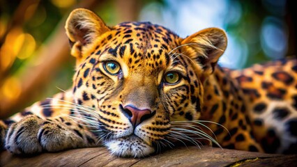 Tilt-shift miniature captures an adorable sleepy leopard close-up. Cute wild big cat portrait.