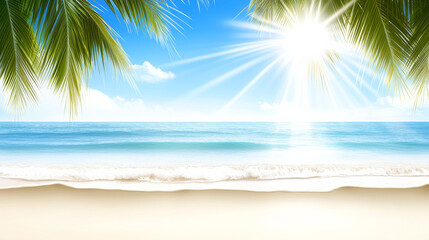 Obraz premium Sunny beach with palm leaves and blue ocean