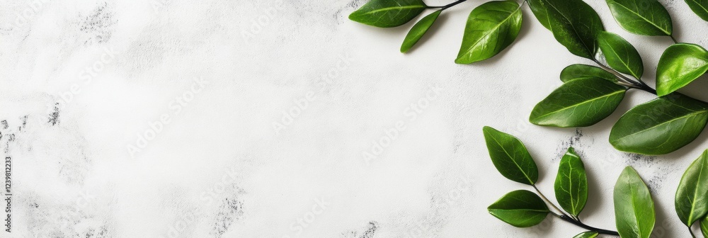 Poster green leaves arranged on a light marble background with a clean aesthetic for decorative purpose or 