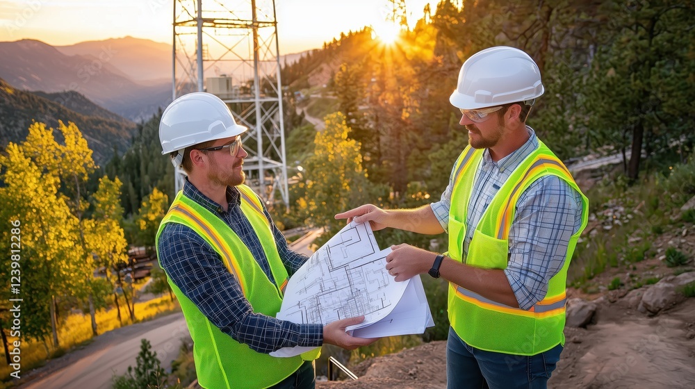 Aufkleber two engineers discussing project plans at construction site in front of tower during sunset in mount