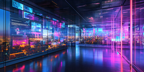 Fototapeta premium Futuristic smart office with digital data projections, High-tech glass office with virtual cityscape interface