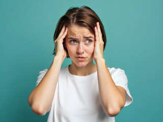 Young woman experiencing stress or headache with hands on temples on blue background