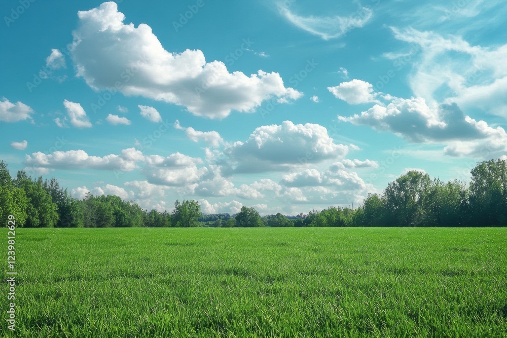 Poster vibrant green field under a clear blue sky surrounded by trees and fluffy white clouds on a sunny da