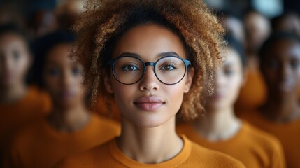 Confident young woman with glasses stands out from a crowd of people wearing orange shirts.