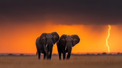 Obraz premium Majestic silhouettes of a herd of elephants standing tall against a captivating stormy sunset sky filled with dramatic clouds lightning and vibrant orange hues A powerful tranquil