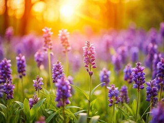 Obraz premium Miniature Common Milkwort Flowers Meadow, Tilt-Shift Photography, Blooming Purple Wildflowers