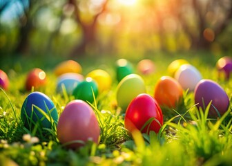 Miniature Colorful Easter Eggs in Spring Grass - Tilt-Shift Photography