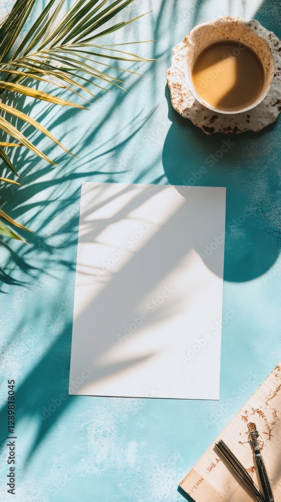 Aufkleber empty white paper on a blue table with coffee and green leaves in bright lighting creating a calm wo