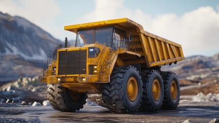 Yellow mining truck, mountain backdrop, industrial site