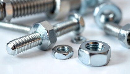 A close-up of a metal bolt, two nuts, and a washer, showcasing essential hardware components for construction and assembly.