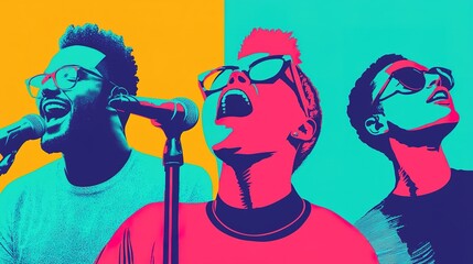 A vibrant, colorful artwork featuring three singers passionately performing with microphones against a bold background.