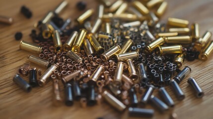 An assortment of bullets of various calibers scattered across a wooden table, with a focus on the intricate details of the casing.