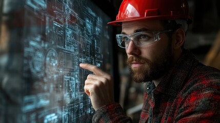 Engineer reviewing digital blueprint on a large touchscreen.