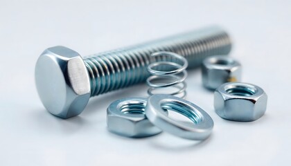 A close-up of a metal bolt, two nuts, and a washer, showcasing essential hardware components for construction and assembly.