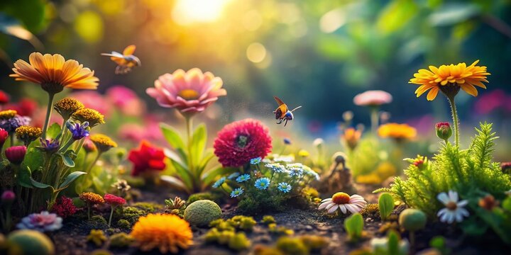 Miniature World: Vibrant Garden with Tiny Flowers and Insects, Tilt-Shift Photography