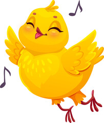 Cartoon chick happy character flying and signing. Easter holiday small hen bird cheerful personage, farm chick animal or spring newborn little chicken bird funny comical isolated vector character