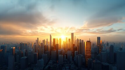 Fototapeta premium Futuristic cityscape with shimmering glass and steel skyscrapers reaching towards the sky against a backdrop of a vibrant sunset or sunrise The urban landscape showcases the development growth