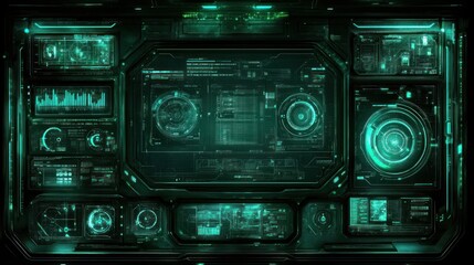 Fototapeta premium Futuristic green tech control panel interface with glowing digital data displays.