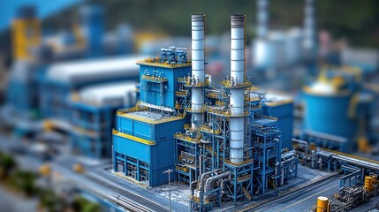 Fototapeta premium Miniature industrial factory model with smokestacks and complex infrastructure.