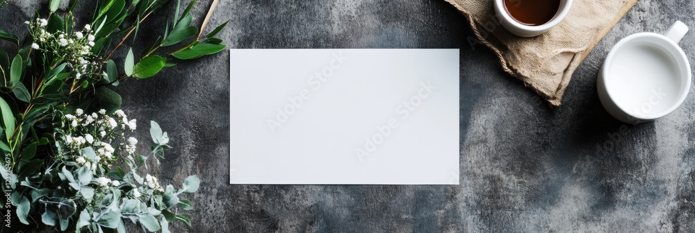 Fototapete Fresh greenery and coffee on a rustic table with an empty card for notes and invitations in natural setting. Generative AI