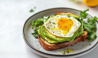 Brightly Colored Plate with Avocado Toast on Modern Table, A Trendy and Healthy Breakfast Option