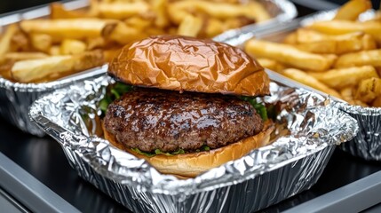 A close-up of a burger with fries in foil containers, showcasing a delicious meal.