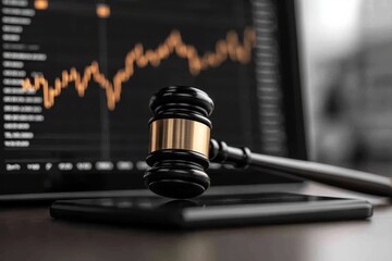 Judge s gavel resting next to a tablet screen displaying fluctuating market data charts and financial analytics   concepts of law investment trading financial decision making and economic trends