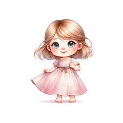 A charming young girl in a playful pose, wearing a lovely pink dress, evoking innocence and joy.