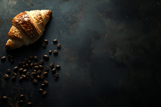 Coffee Break: Buttery croissant and roasted coffee beans on dark rustic surface. Perfect for coffee shop menu, bakery, or breakfast themed design. 