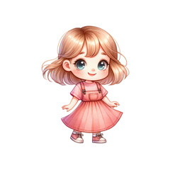 A cute, cheerful girl in a pink dress, radiating joy and innocence. Perfect for illustrations and children's themes.