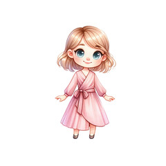 A cute animated girl in a pink dress with short blonde hair, perfect for illustrations, children's books, or digital art projects.