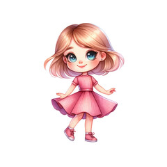 Adorable cartoon girl in a pink dress, radiating joy and playful energy. Perfect for children's themes and illustrations.