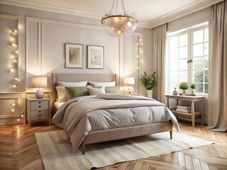 Minimalist French Country Bedroom: Pastel Beige & Grey Bedding