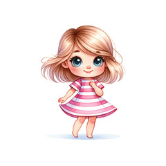 Charming cartoon girl with blonde hair, wearing a pink striped dress, exuding joy and innocence in a playful pose.