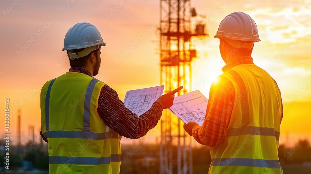Aufkleber engineers analyzing blueprints at sunset near a communication tower with technology concepts and fut