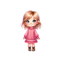 Cute cartoon girl with a pink sweater and stylish boots, perfect for children's illustrations or digital art projects.