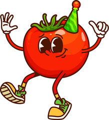 Groovy cartoon tomato vegetable character on holiday party. Kids holiday celebration ripe veggie cute isolated groovy vector character. Tomato vegetable happy personage in cone hat on birthday party