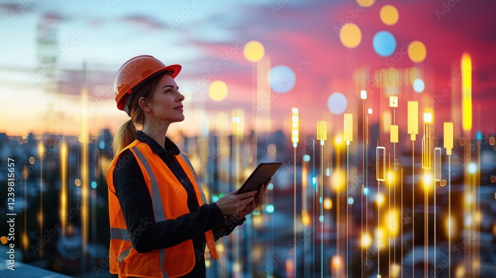 Poster professional female engineer overlooking cityscape at dusk while using tablet surrounded by digital 