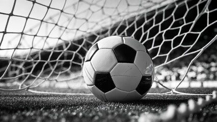 Dynamic black and white image of a soccer ball trapped in the goal net Copy Space.