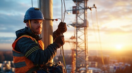 Skilled Worker Installing Technology at Sunset on Communication Tower with Safety Gear and Tools