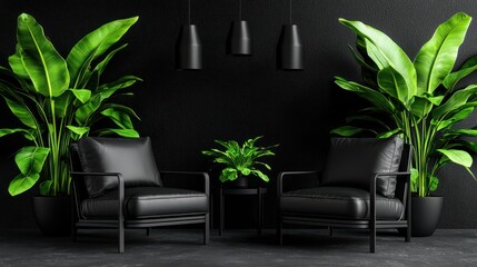 Fototapeta premium A modern seating area with black chairs and lush greenery against a dark backdrop.