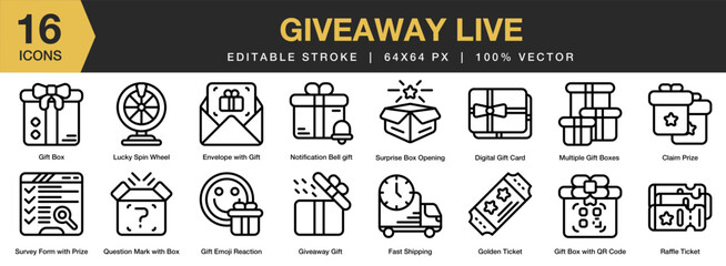 Giveaway Live icon set. Editable Stroke Icon Collection. Includes internet, online, influencer, giveaway, media, and More. Outline icons vector collection.
