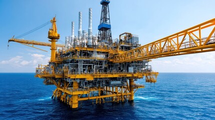 A large offshore oil rig stands in the ocean under a clear blue sky.