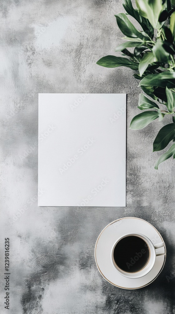 Fototapete blank paper next to a cup of coffee and greenery on a textured surface in a cozy setting. generative